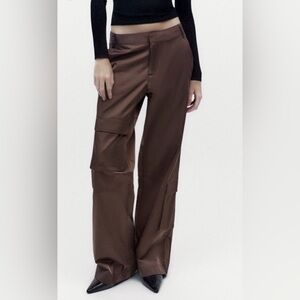 zara satin multi pocket cargo pants size small brown